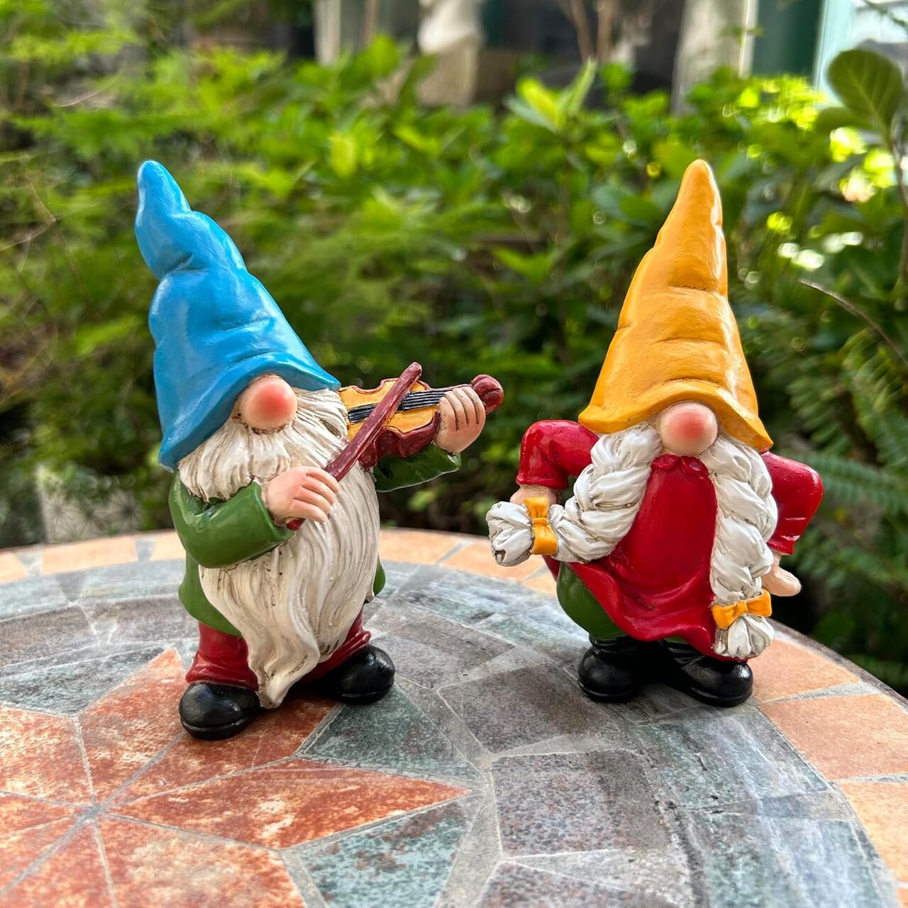 Garden Gnome Duo Decorative Figurines 5.5“ Ornament for Indoor Outdoor Home Garden Decor,Musical Violin Player and Dancing, Colorful Outdoor Statues
